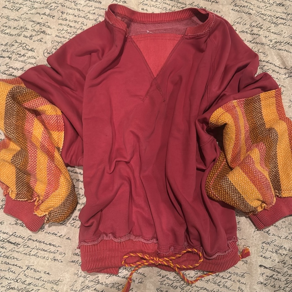 WE THE FREE CRANBERRY SWEATER WITH STRIPED BALLOON SLEEVES IN GORG COLORS